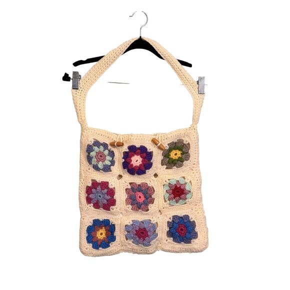 Vintage Handbags - Handmade Granny Square Boho Shoulder Tote Bag Cream Floral Crochet Purse Hippie